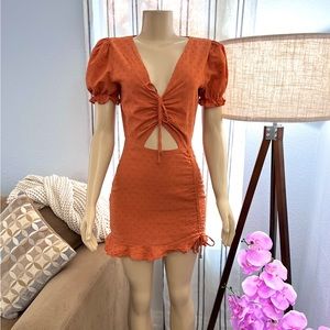 Runaway The Label Ditsy Mini Burnt Orange Adjustable Short Sleeve Dress Size XS